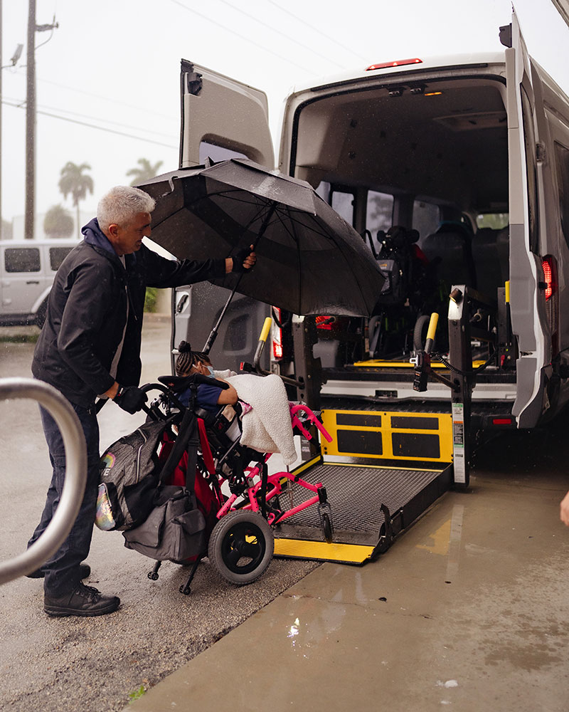 Child getting on the van